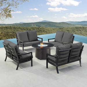 Black 7-Piece Aluminum Patio Fire Pit with 4-Deep Seating Loveseat Black Cushions