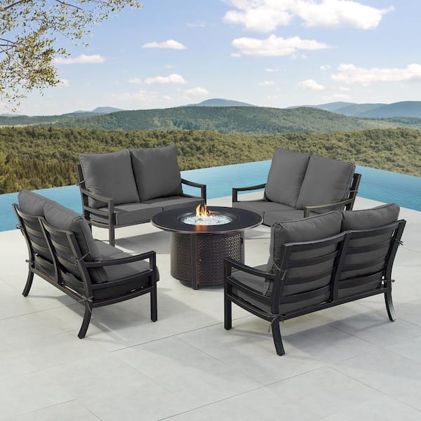 Oakland Living Black 7-Piece Aluminum Patio Fire Pit with 4-Deep Seating Loveseat Black Cushions