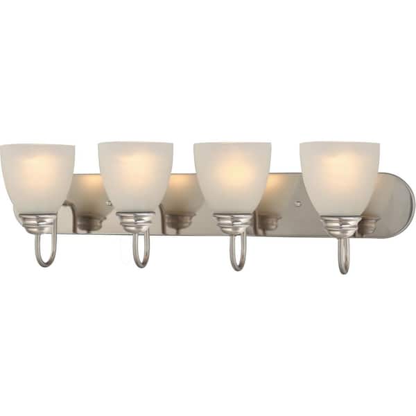 Volume Lighting Mari 4-Light Indoor Brushed Nickel Bath or Vanity Light Bar or Wall Mount with White Frosted Glass Bell Shades