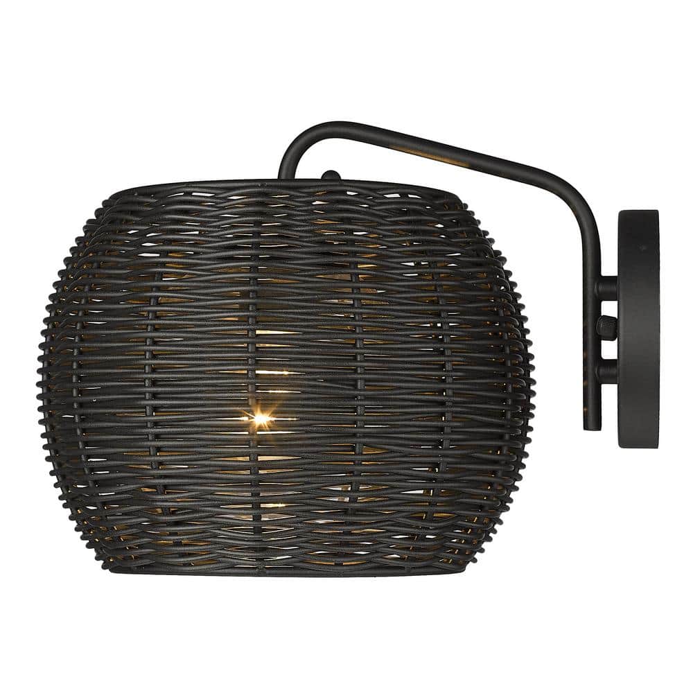 Natural Black Steel Outdoor Wall Sconce with Rattan Wicker Shade