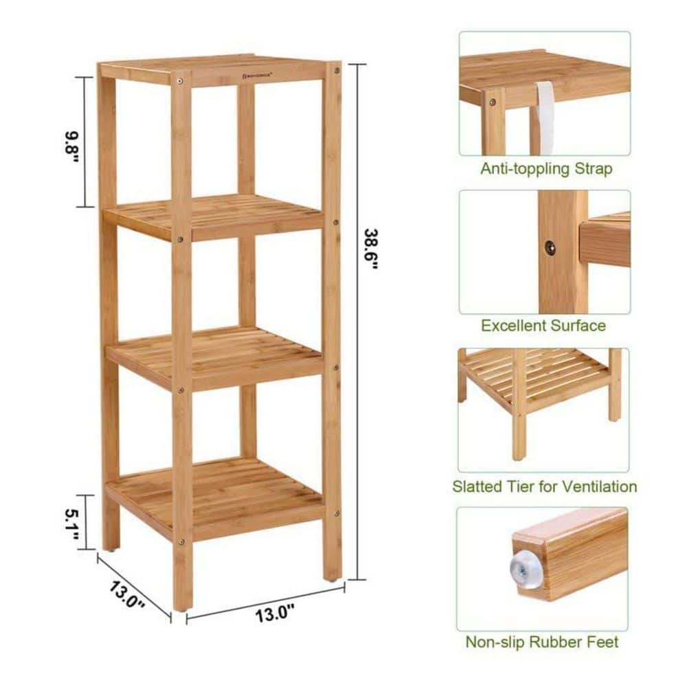 Natural Bamboo 4-Tier Floor Mount Shelf for Entryway and Bathroom