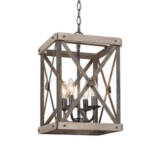 4-Light Industrial Cage Distressed Wood and Aged Gray Farmhouse Chandelier