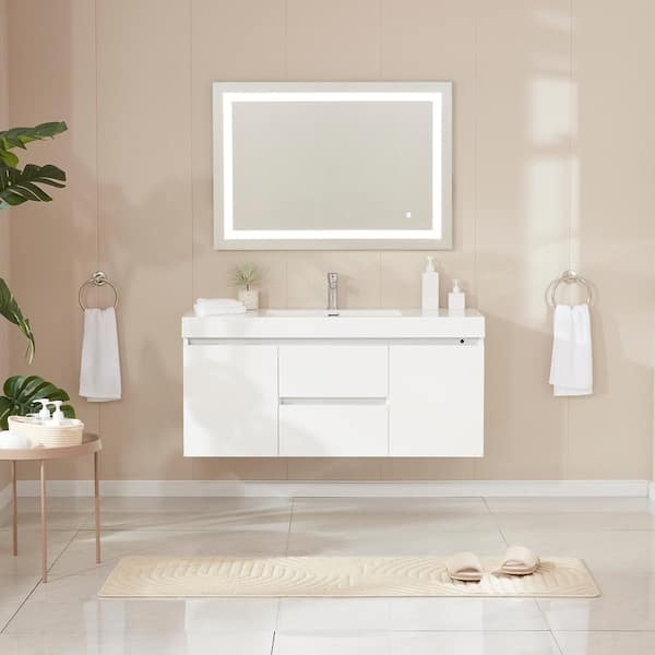 Vanity Art Annecy 48 in. W x 18.5 in. D x 20 in. H Bathroom Wall Hung LED Vanity in White w/ Single Basin Vanity Top in White Resin