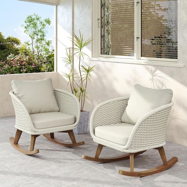 2 Pieces Wicker Outdoor Rocking Chair with Beige Cushions, PE Rattan Lounge Chair with Wood Frame for Patio, Balcony
