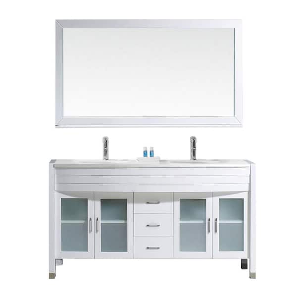 Virtu USA Ava 63 in. W Bath Vanity in White with Stone Vanity Top in White with Round Basin and Mirror