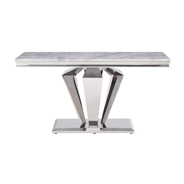 Acme Furniture Satinka 63 in. Light Gray Printed Faux Marble Rectangle Marble Top with Steel Frame Console Table