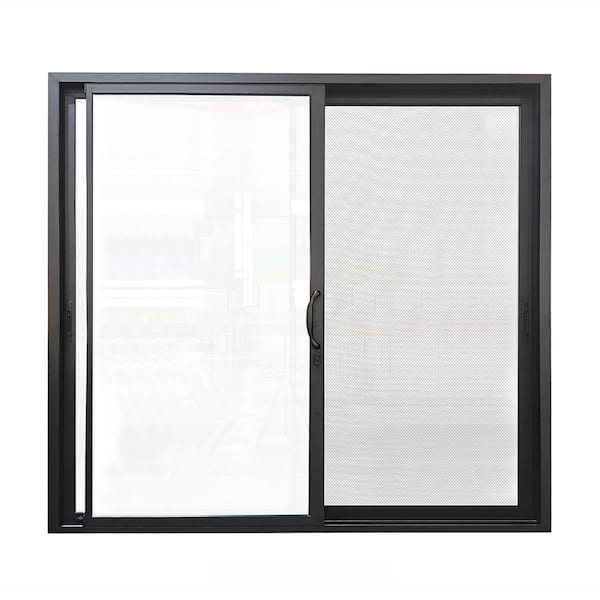 96 in. x 80 in. Matte Black Right Handle Aluminum Sliding Patio Door with Low-E glass, Screen, and Lockset