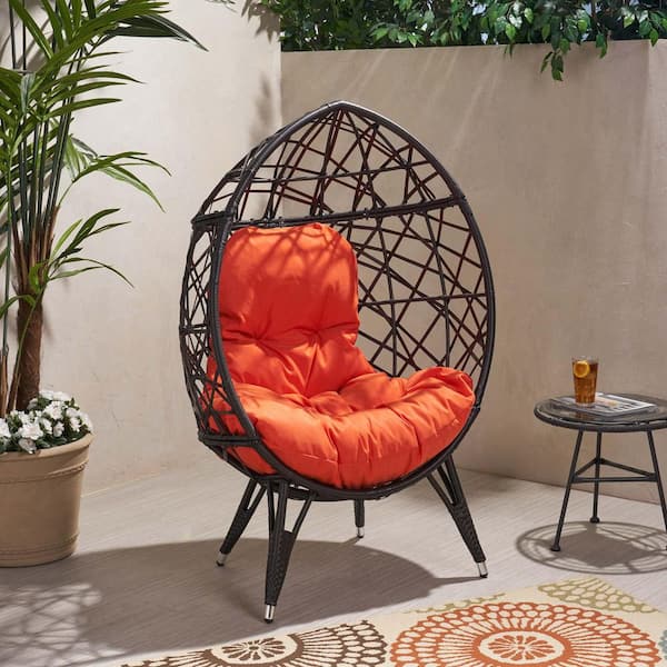 Unbranded Dark Brown All-Weather Wicker Outdoor Egg Lounge Chair Patio Egg Chair with Orange Cushion for Patio, Living Room