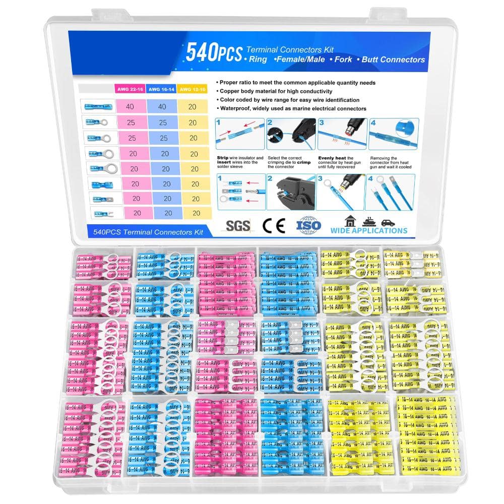540 piece heat shrink wire connector kit with assorted waterproof crimp terminals rings forks spades and butt splices