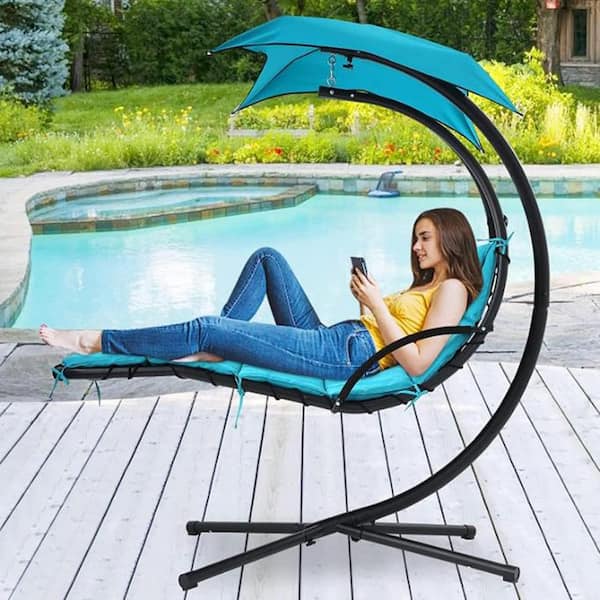 AUTMOON Metal Outdoor Hanging Curved Chaise Lounge Chair Swing with Teal Cushion and Removable Canopy