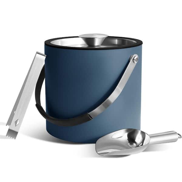 6.1 in. 3.2 qt. Stainless Steel Ocean Blue Ice Bucket with Silicone Lid, Scoop, Tongs and Strainer, Ice Container Bin