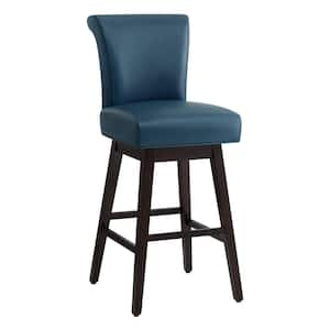 Dennis 30 in. Dark Blue High Back Solid Wood Frame Swivel Bar Stool with Faux Leather Seat(Set of 2)