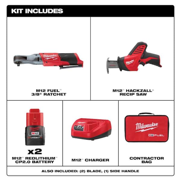 M12 FUEL 12V Lithium-Ion Brushless 3/8 in. Cordless Ratchet Kit with (2) 2. 0Ah Batteries, Charger, Bag & HACKZALL