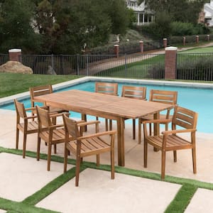 Teak Brown 9-Piece Wood Rectangular Outdoor Patio Dining Set