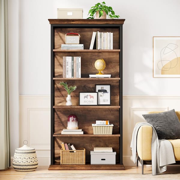 Frailey 70.9 in. Tall Brown Engineered Wood 5-Shelf Standard Bookcase with Interior Shelves, Storage for Home Office