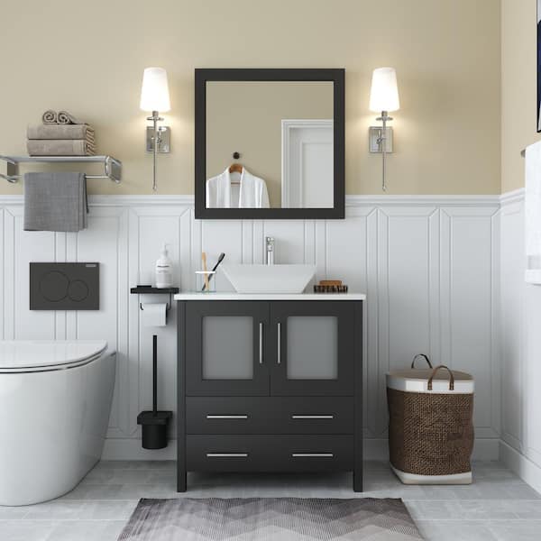 Vanity Art Ravenna 30 in. W Bathroom Vanity in Espresso with Single Basin in White Engineered Marble Top and Mirror