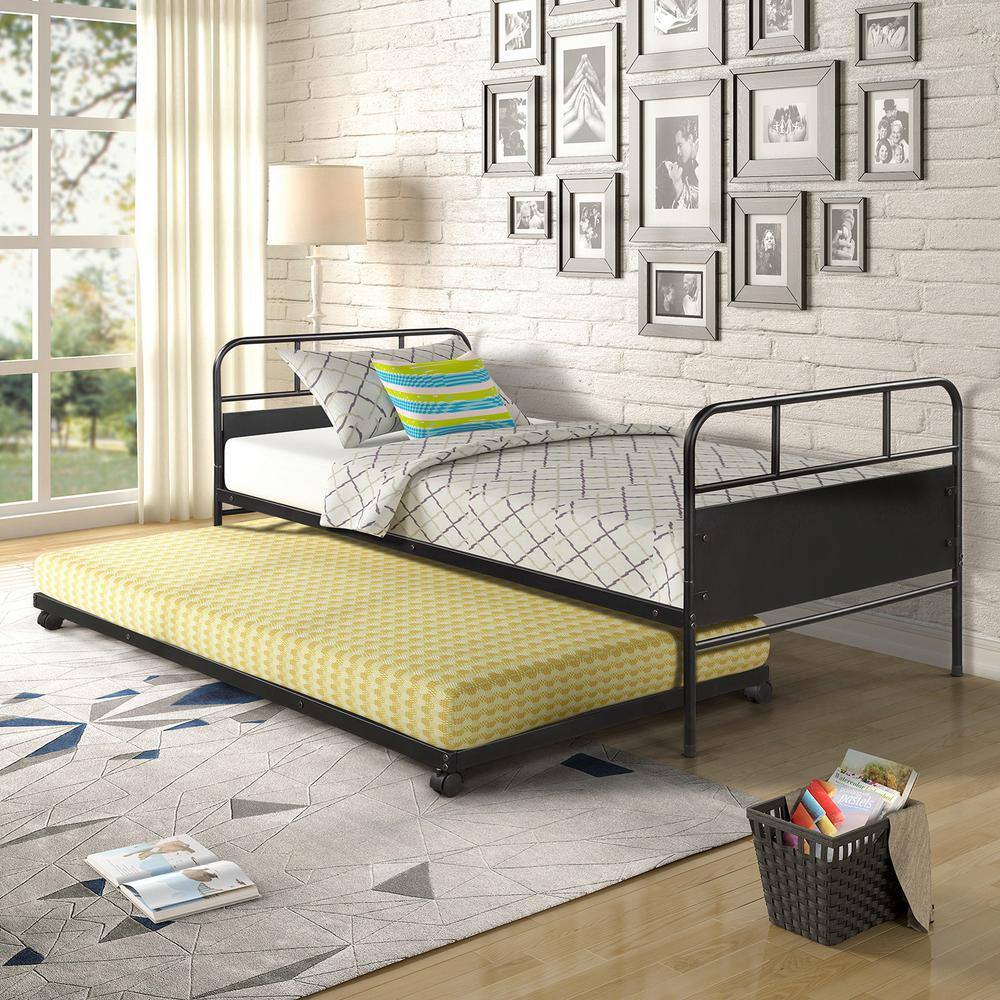 GOSALMON 77 in. W Black Twin Metal Frame Platform Bed with Trundle Built-in  Casters MF189577NYYAAB - The Home Depot