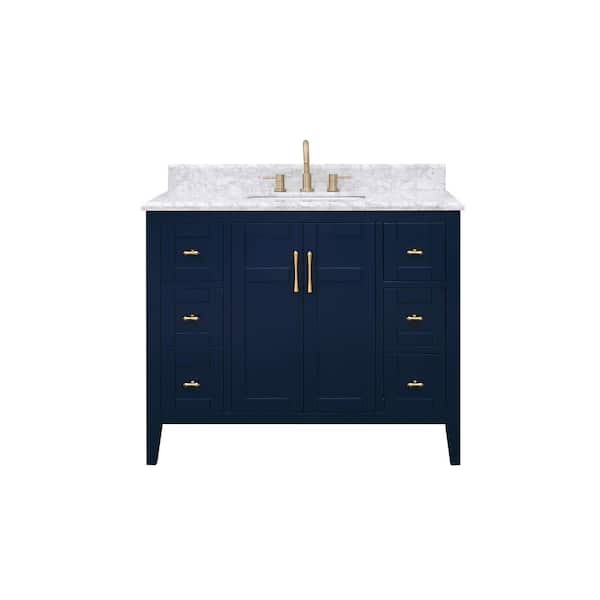 Sturgess 43 in. Single Sink Navy Blue Bath Vanity with White Carrara Marble Top (Assembled)