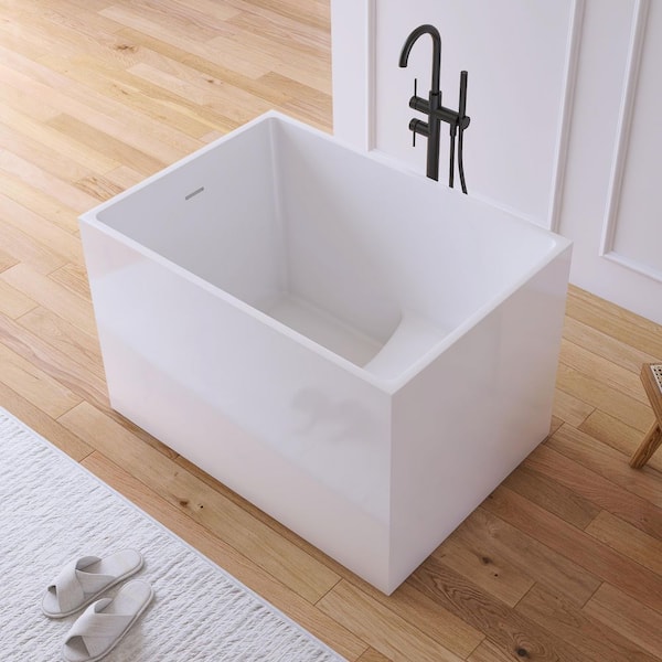 39 in. x 27.5 in. Acrylic Flatbottom Freestanding Japanese Soaking Bathtub in White with Seat