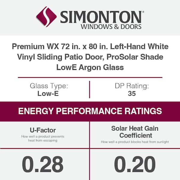 Premium WX 72 in. x 80 in. Left-Hand White Vinyl Sliding Patio Door, ProSolar Shade LowE Argon Glass