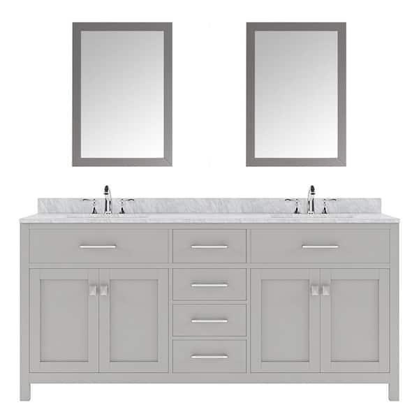 Virtu USA Caroline 72 in. W Bath Vanity in Gray with Italian Carrara White Marble Vanity Top with White Basins and Mirror
