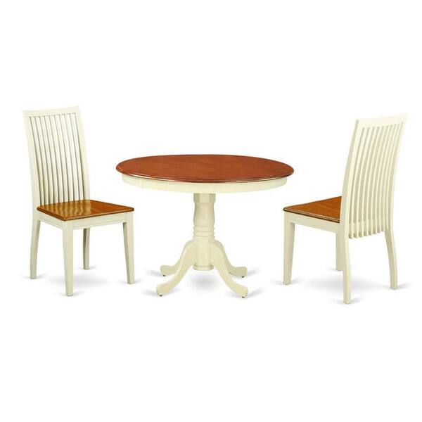 East West Furniture 3-Piece Buttermilk and Cherry Solid Wood Top - Round Dining Room Set - Seats 4