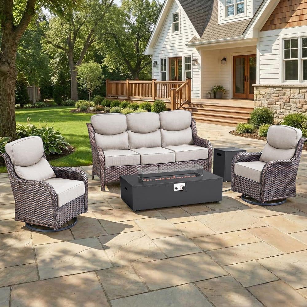 MoonLuxe Brown Wicker Fire Pit Conversation Set with Beige Olefin 6 in. Thick Cushions Patio Swivel Chairs (5-Piece) price history on PriceWatchPro