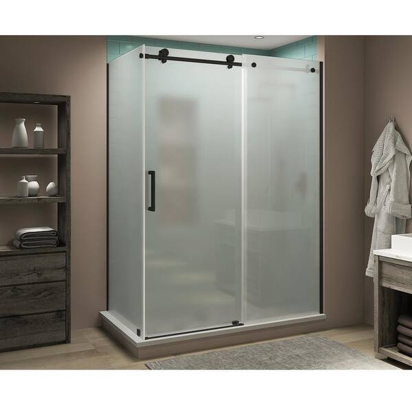 Aston 64 in. -68 in. x 30 in. x 80 in. Frameless Corner Sliding Shower Enclosure Frosted Glass in Oil Rubbed Bronze