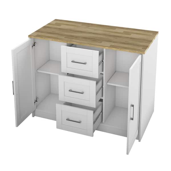 Brilliant White Wood 45.5 in. Traditional Kitchen Island with Butcher Block Top