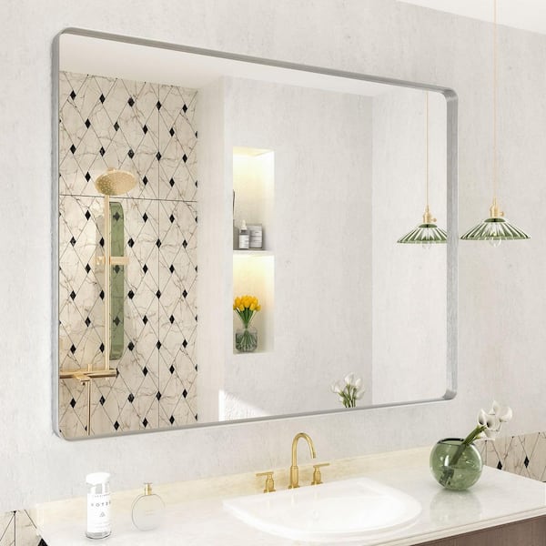 40 in. W x 32 in. H Rectangular Aluminum Alloy Framed and Tempered Glass Wall Bathroom Vanity Mirror in Brushed Silver