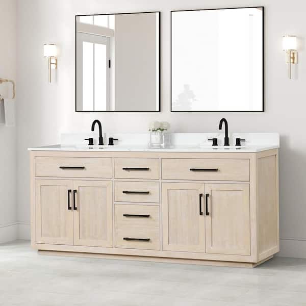 HBEZON Aphrodite 80 in. W x 22 in. D x 36 in. H Freestanding Bath Vanity in Beige with White Quartzite Top and Double Sink