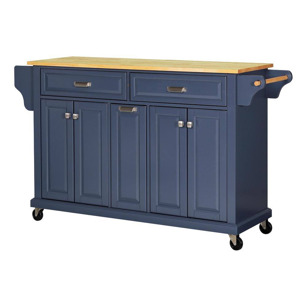 Dark Blue Cambridge Natural Wood Top 60.5 in. W Kitchen Island with Storage 18 in. D x 60.5 in