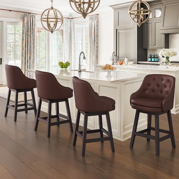 26 in. Dark Reddish Brown Faux Leather Swivel Barstool Solid Wood Frame Double Cushion Counter Height Bar Stool Set of 4