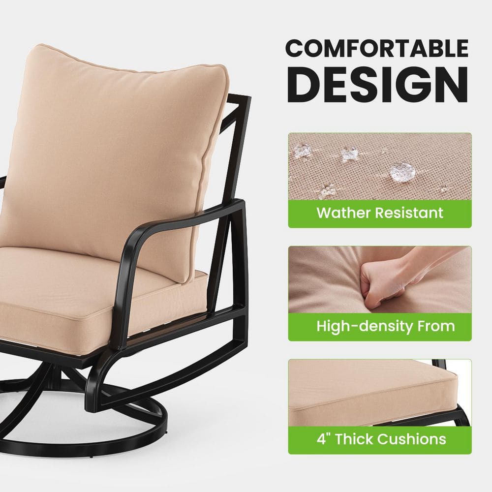 Detail of the beige cushion and black metal frame of the swivel chair.