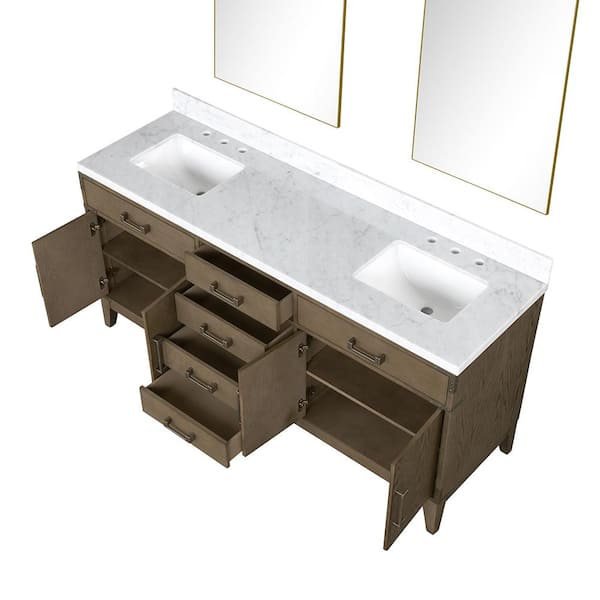 Lexora Fossa 72 in W x 22 in D Grey Oak Double Bath Vanity, Carrara Marble Top, and 34 in Mirrors