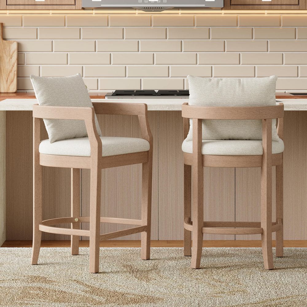 Mason 33.46 in. H Natural+Beige Solid Wood Counter Height Bar Stools with Cushioned Seat and Back Pillow, Set of 2 price history on PriceWatchPro