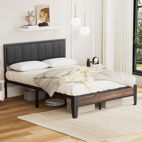 Gray Metal Upholstered Bed Frame Full Platform Bed with Headboard