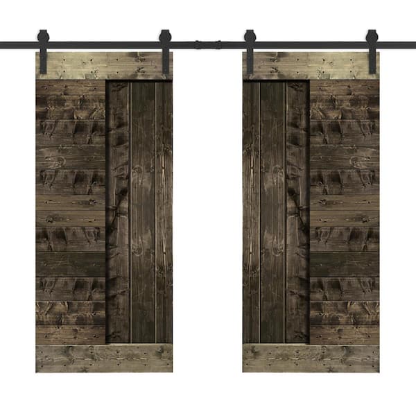 CALHOME 48 in. x 84 in. Espresso Stained DIY Knotty Pine Wood Interior Double Sliding Barn Door with Hardware Kit