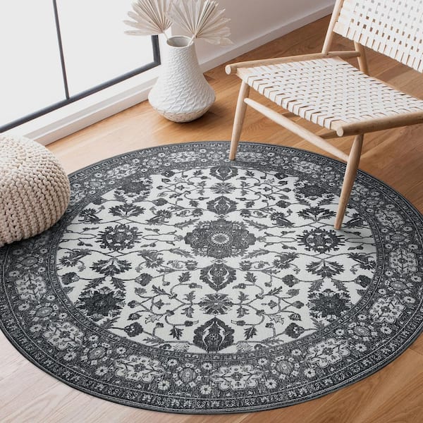 Ramage Grey Medallion 6 ft. Round Washable Area Rug