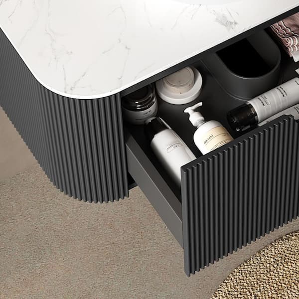 30 in. W Single Sink Floating Bath Vanity in Black with White Round Ceramic Basin Top Stone Pattern,Curved Edges Striped