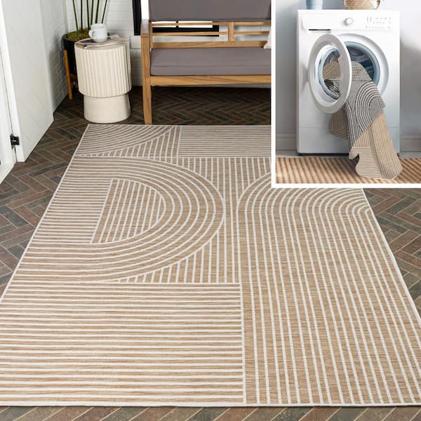 JONATHAN Y Zephyr Mid-Century Modern Arch Stripe Reversible Machine-Washable Cream/Beige 3 ft. x 5 ft. Indoor/Outdoor Area Rug