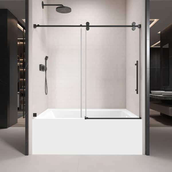 grossag 60 in. W x 60 in. H Frameless Sliding Tub Door in Matte Black with 3/8 in. (10 mm) Tempered Clear Glass