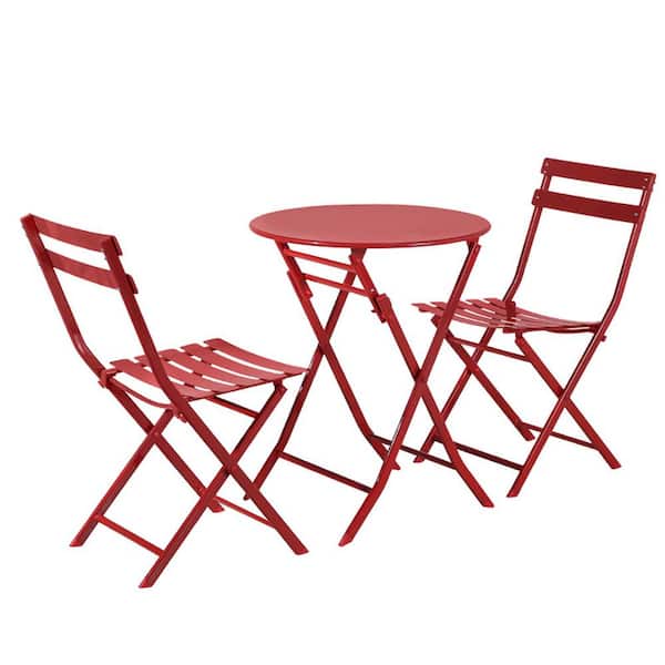 Tunearary 3-Piece Metal Round Patio Bistro Set Folding Table and Chairs Red