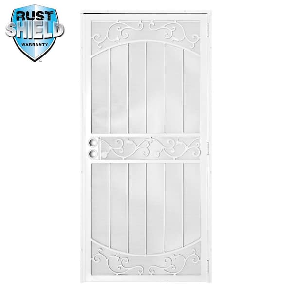 36 in. x 80 in. La Entrada Rust Shield White Surface Mount Outswing Steel Security Door with Perforated Metal Screen
