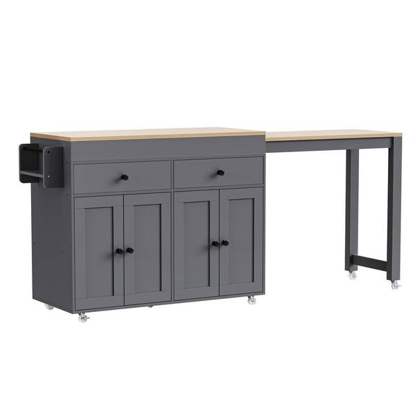 Cesicia Gray Wood Tabletop 74.5 in. Kitchen Island with 2 Drawers and Extendable Dining Table