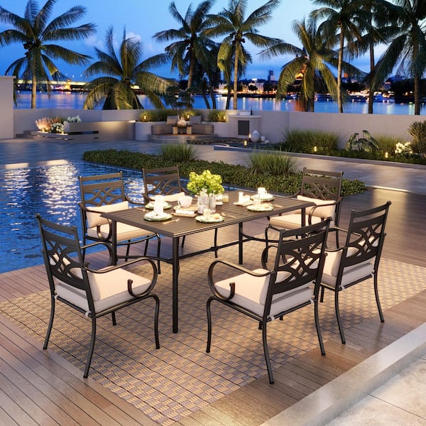 PHI VILLA 7-Piece Metal Outdoor Dining Set with Slat Table-top and Cast Iron Pattern Chairs with Beige Cushions