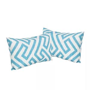Outdoor Dark Teal and White Greek Key Pattern Rectangular Bolster Pillow with Water Resistant Fabric(2-Pack)