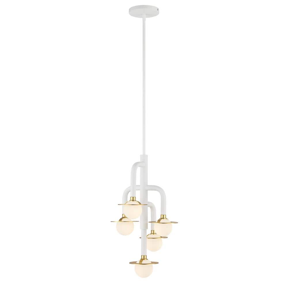 Tubular Matte White and Honey Gold LED Pendant with Etched Opal Glass