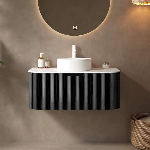 36 in. Single Sink Floating Curved Edge Black Bath Vanity with White Marble Top (Assembled), Round Sink