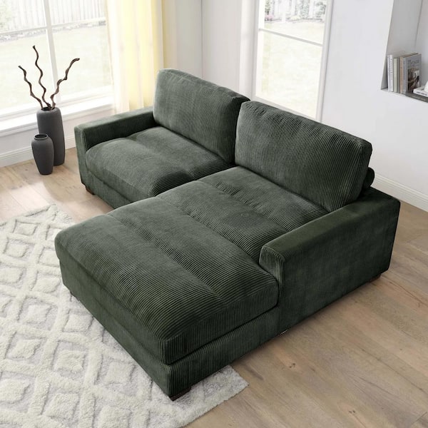 Monland 90 in. Wide Square Arm Polyester Corduroy L-Shaped Sofa Oversized Deep-Seated 2-Pieces Sectional Couches in. Green